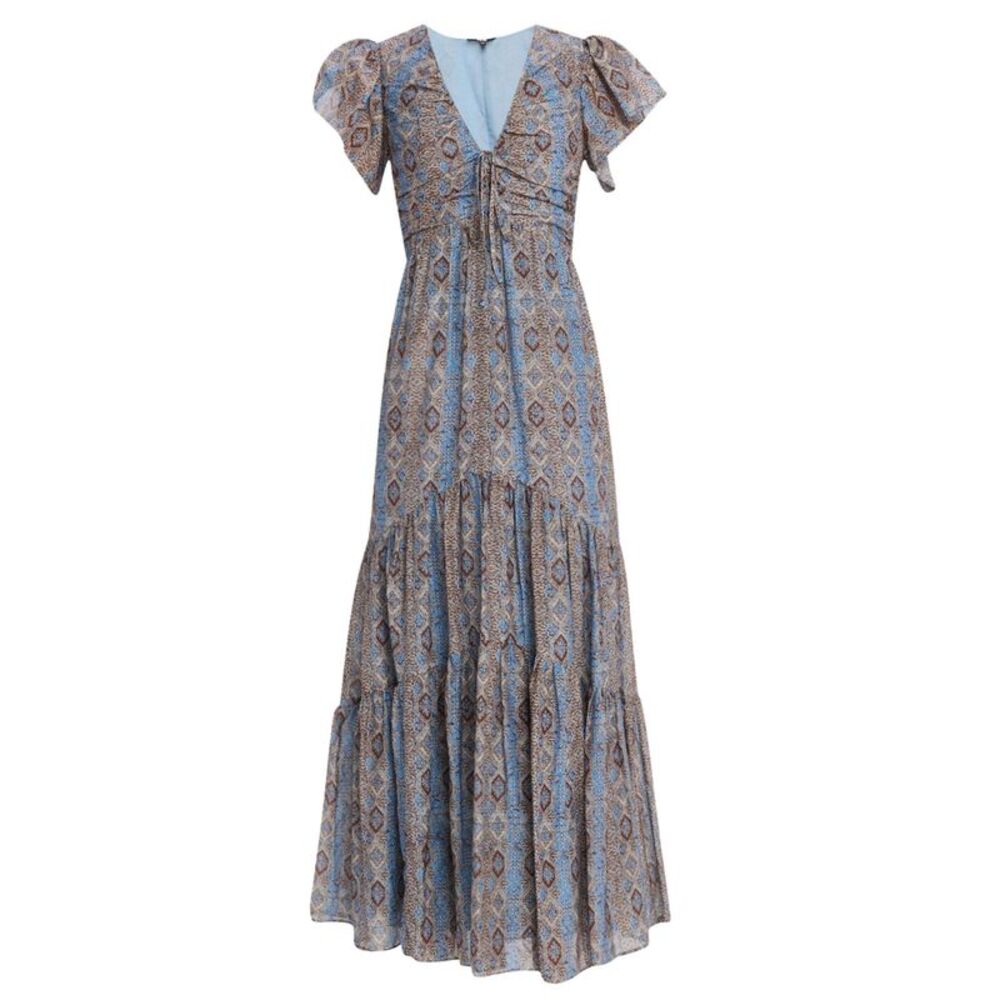 Paige Womens Cotton-Silk V-Neck Maxi Dress 2 Slate Blue Multi - NWT